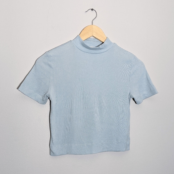 Babaton Tops - Aritzia BABATON Pastel Blue Mock Neck Short Sleeve Cropped Tee